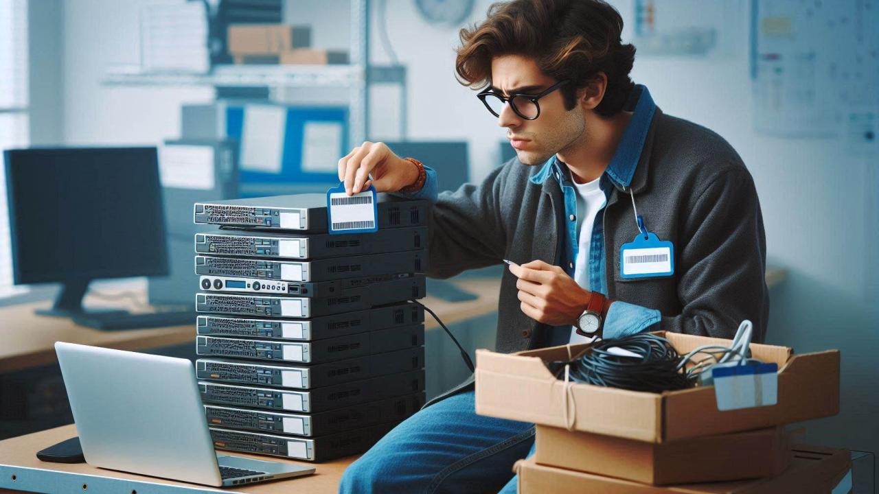 person applying asset tags on computers while sitting on desk
