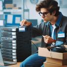 person applying asset tags on computers while sitting on desk